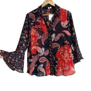 Boho Paisley Floral Bell Sleeve Sheer Blouse Sz M Retro Vintage Chic Fairytale